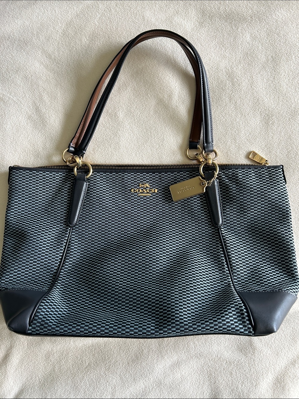 Coach Blue-Black Patterned Tote with Gold Hardware